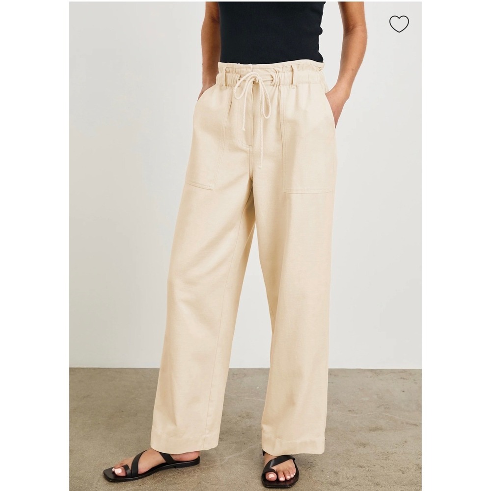 Utcoco Womens Beige Linen Blend‎ Wide Leg Drawstring Pants Small QS1202 Cotton